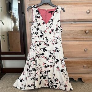 White House Black Market Ivory Midi Dress with Pink and Black Floral Print